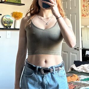 Stylish Olive Green Ribbed Crop Top